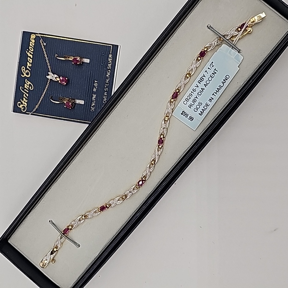 LOT/SET Genuine Ruby Necklace Earring Tennis Bracelet 14k Gold Over Sterling NOS